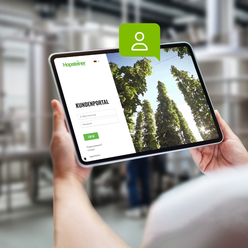A person views the account section of the Hopsteiner customer portal on a tablet.